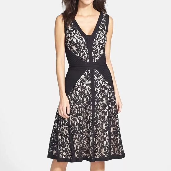 Tadashi Shoji Floral Lace Jersey Fit & Flare V-Neck Mini Dress Black 8 - Picture 1 of 10